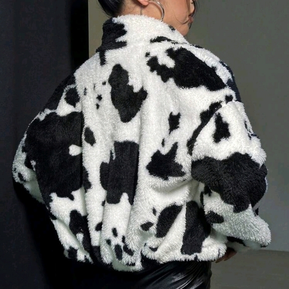 Unity Cow Pattern Drop Shoulder Teddy Jacket - Picture 3 of 6